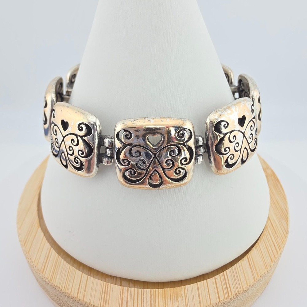 BRIGHTON Panel Bracelet Cutout Heart Scrolled Square Panel Silver Plate 8"